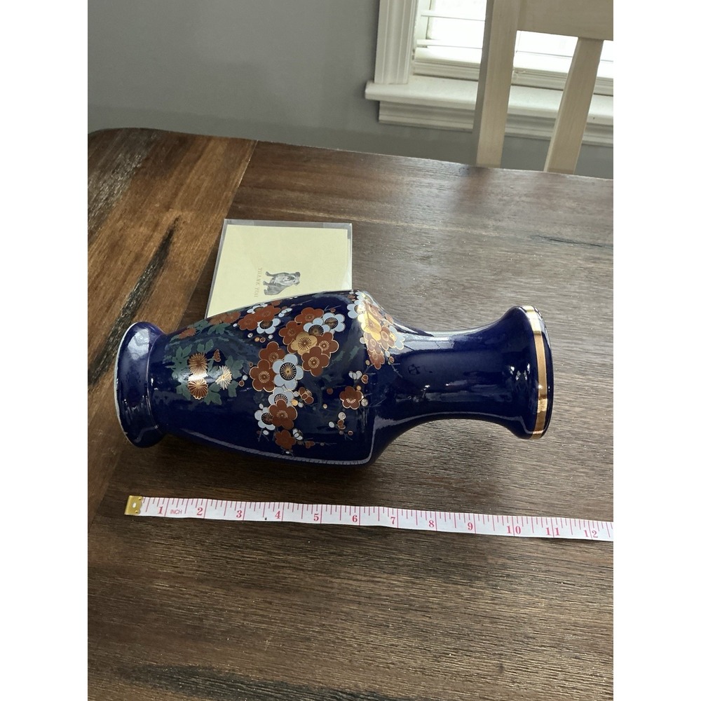VTG Japanese Cobalt Blue Floral Vase with Gold Trim – 10" Hand-Painted Porcelain - Picture 10 of 11